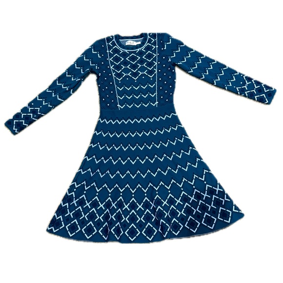 👗🍁 ELIZA J Geo Knit Fit & Flare Dress | Preppy Teal Blue White Fall Dress Size S - Picture 1 of 6
